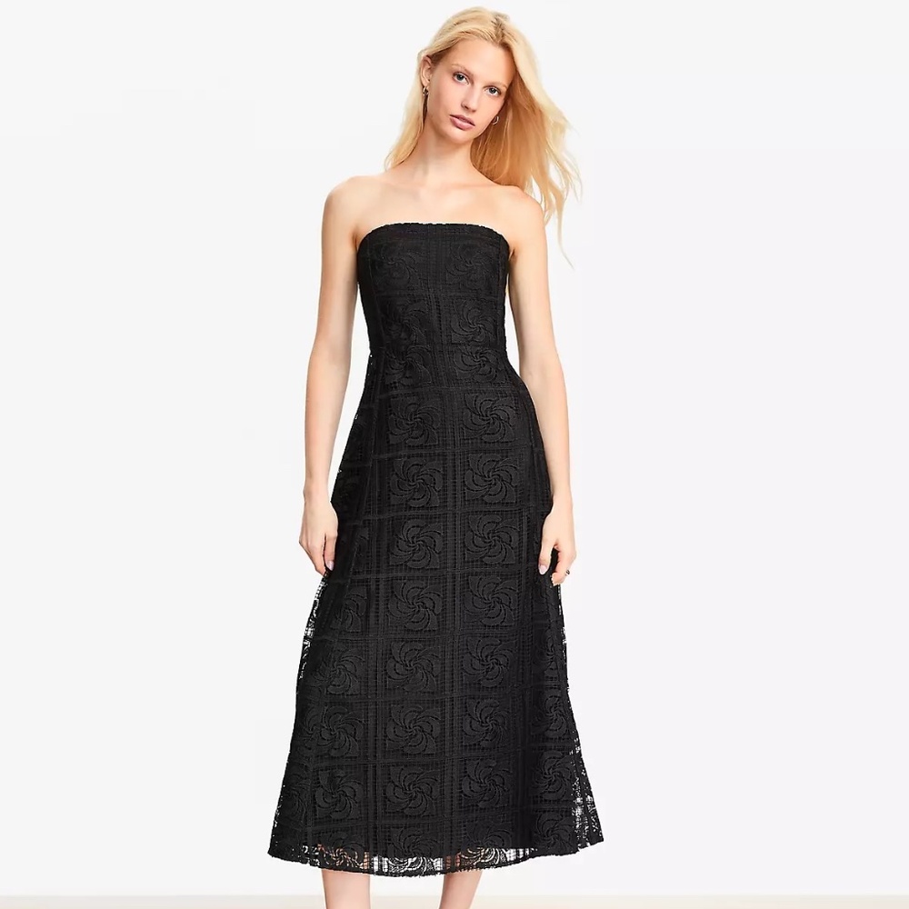 LOFT Floral Lace Strapless Midi Pocket Dress